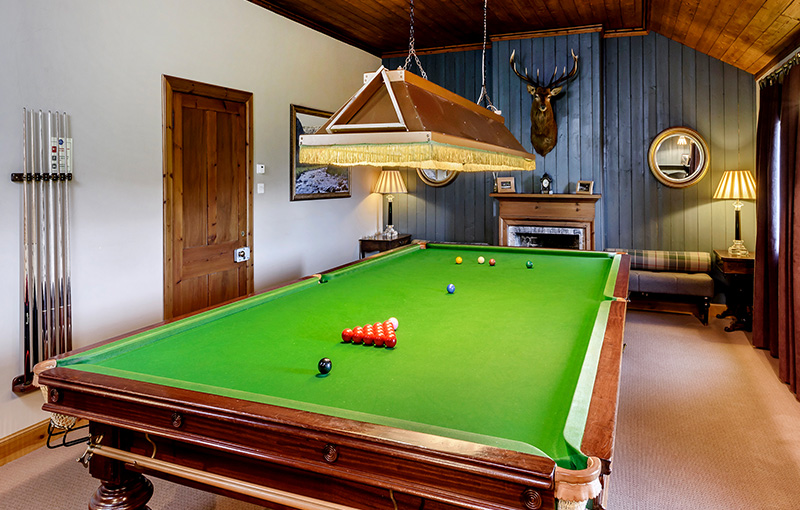 Snooker room with snooker table and cues mounted to wall.