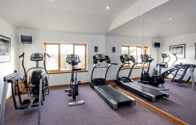 Gym with mirrored wall and modern exercise equipment, including treadmill, bike and elliptical.