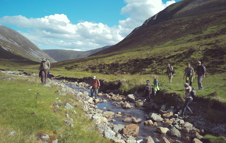 A group of amblers crossing a river.