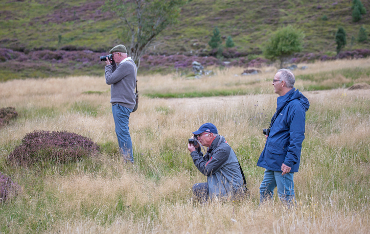 Three men taking photographs while out in nature.