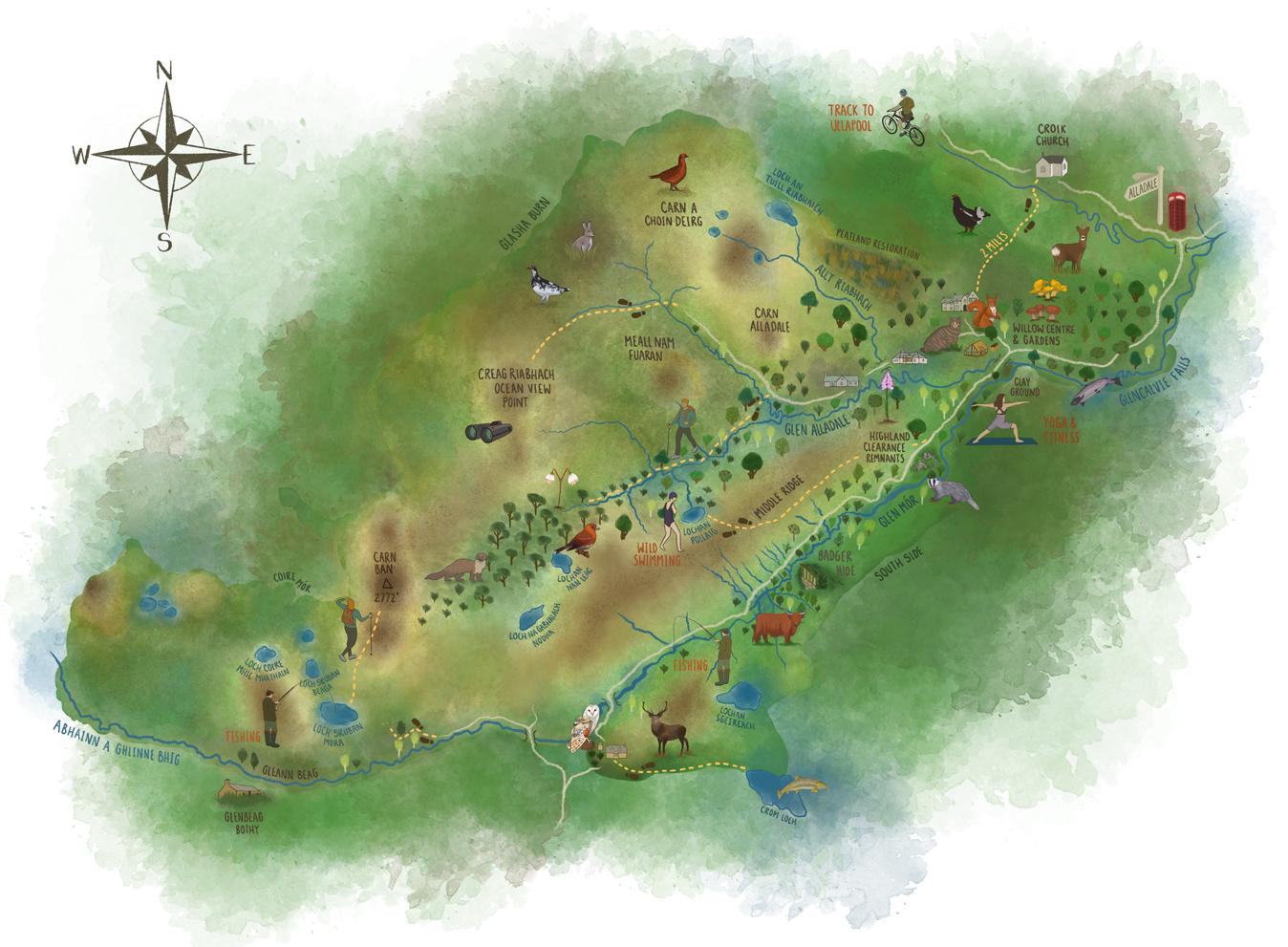 Hand-drawn map of the reserve, revealing the different species, shrubs and activities you can find.