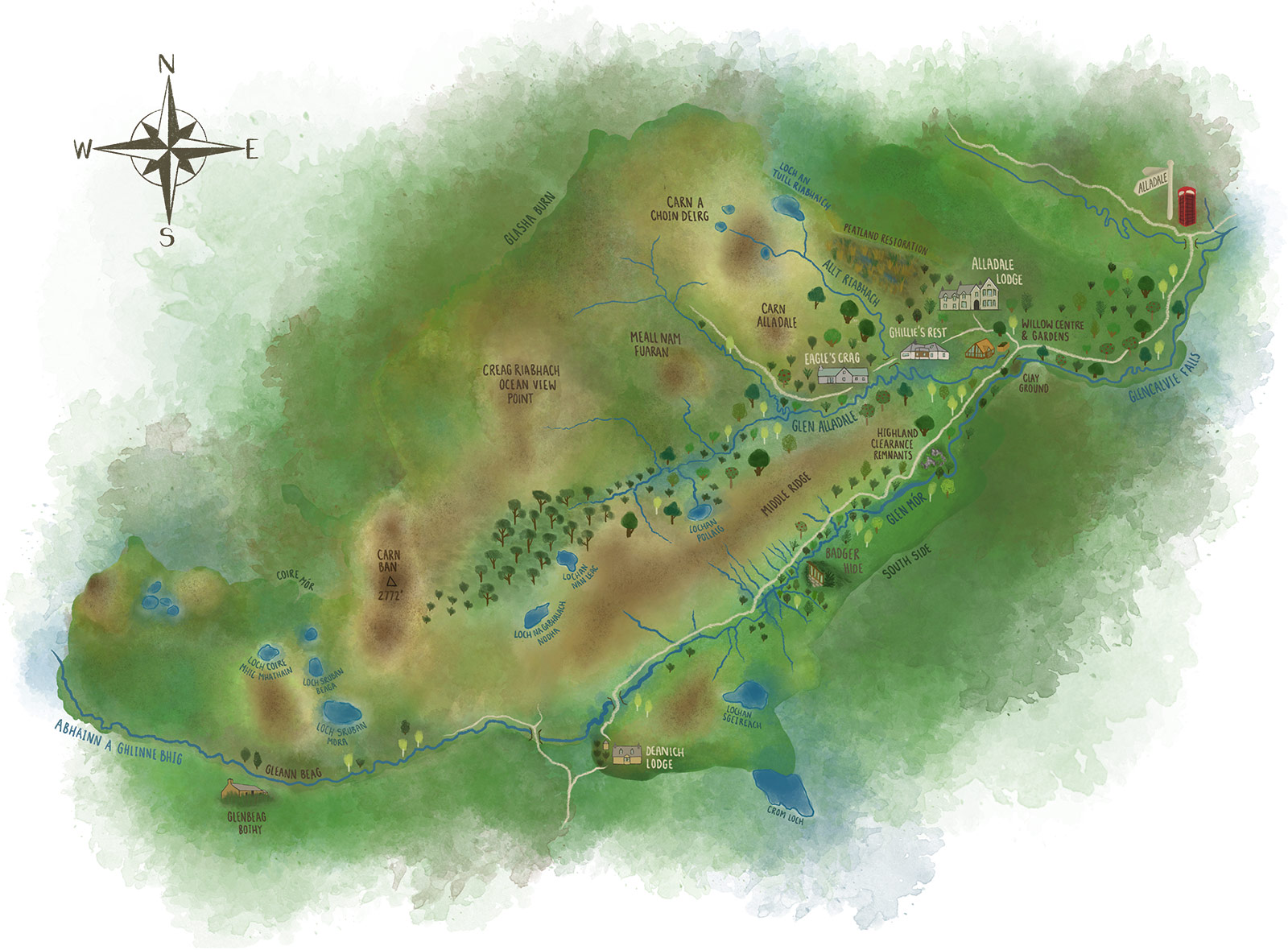 Illustrated map of the reserve, revealing where the various lodges are located.
