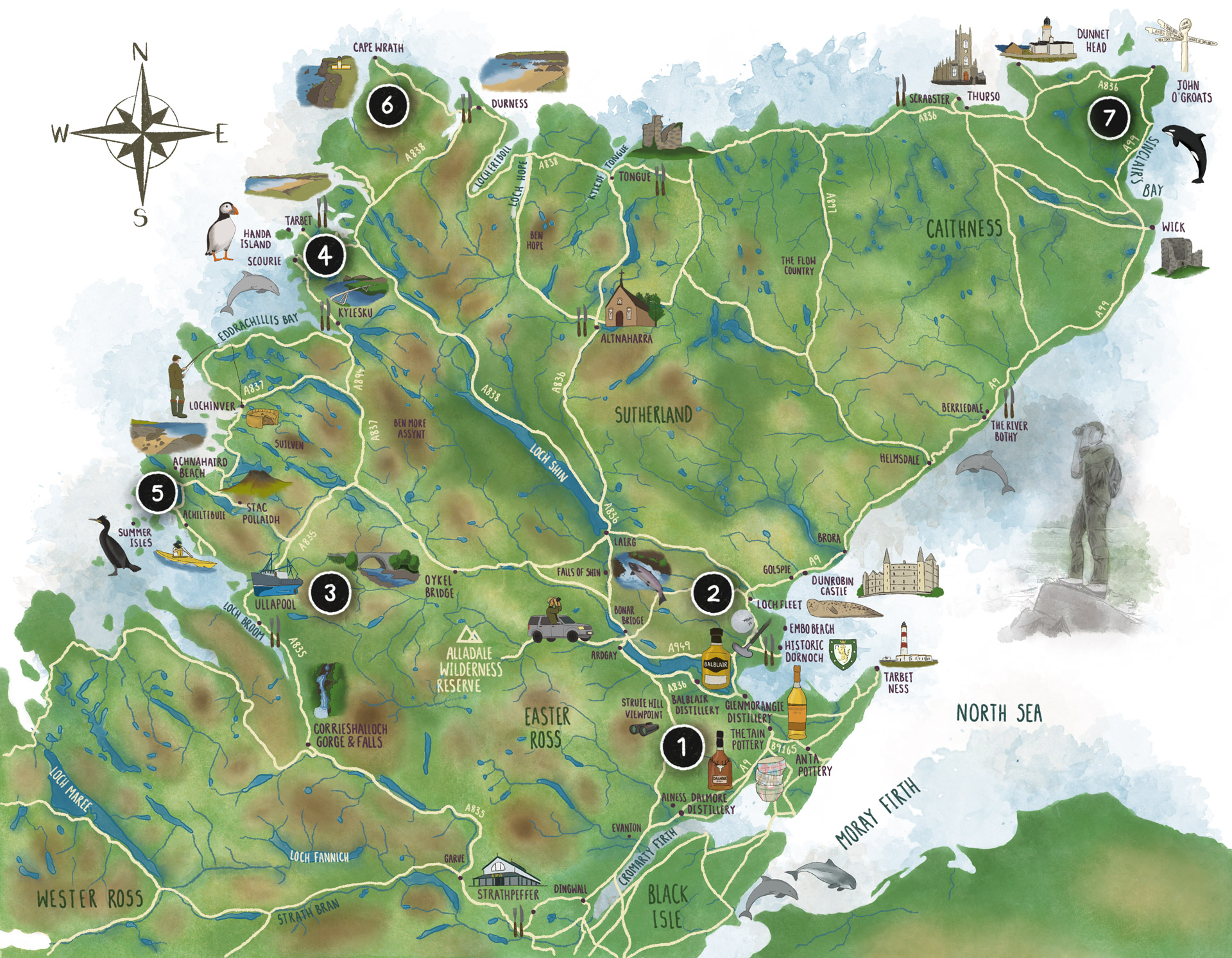 Illustrated map of the Highlands, showcasing the different walking routes.